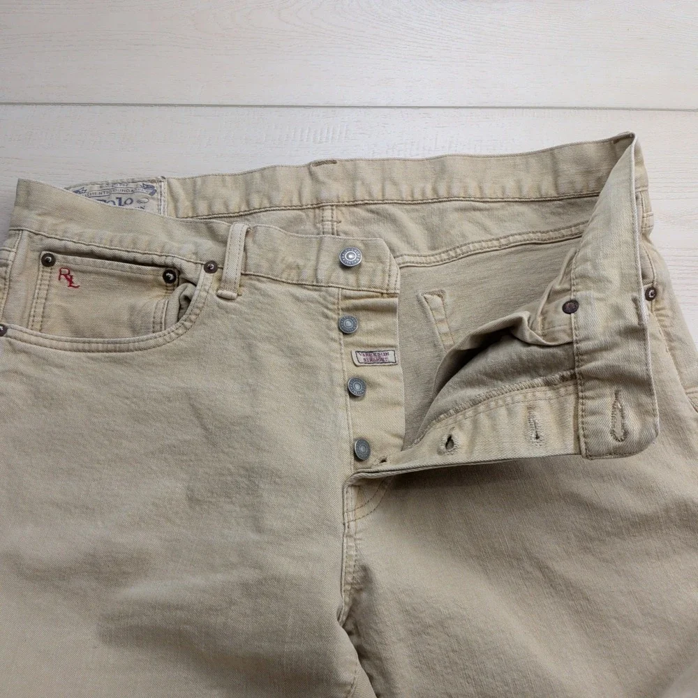 Polo Ralph Lauren Varick Slim Straight Jeans Mens 36x32 Tan Khaki Button Fly